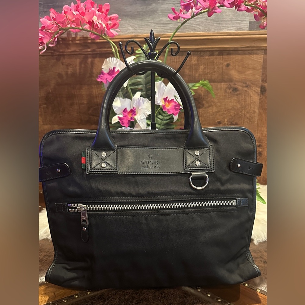 Gucci Webloop Business Briefcase Document Nylon Canvas Leather Black